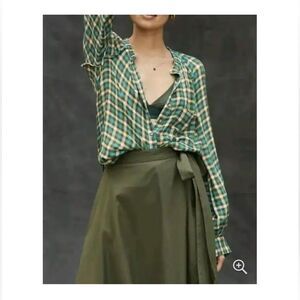Anthropologie Pilcro Breezy Olive Turquoise Checkered Button Down Flannel Small